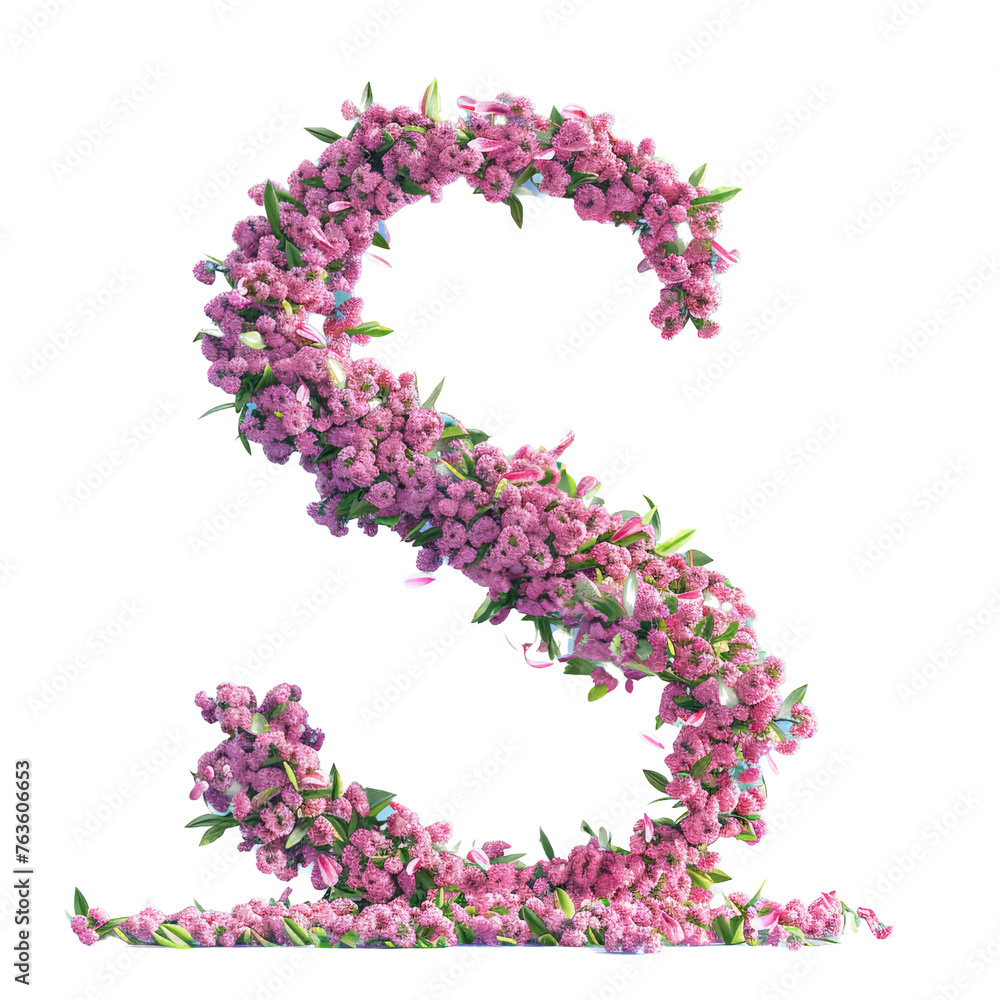 Letter S. Light fresh floral spring composition in sakura petals in beige and pink tones on blue, arrival of spring dynamic greens and sakura, attention to detail product, bokeh and particles Letter S. Light fresh floral spring composition in sakura petals in beige and pink tones on blue, arrival of spring dynamic greens and sakura, attention to detail product, bokeh and particles