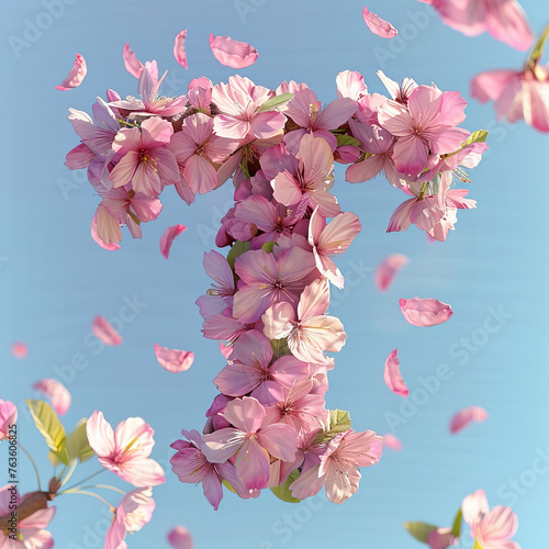 Letter T. Light fresh floral spring composition in sakura petals in beige and pink tones on blue, arrival of spring dynamic greens and sakura, attention to detail product, bokeh and particles