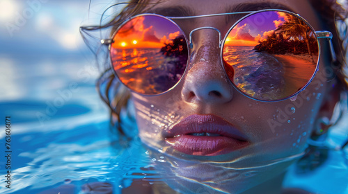 Woman's Face Partially Submerged, Reflecting Sunset In Sunglasses