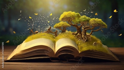 ory book, story coming alive nature coming out of an old yellowish book, banner for world book day, reading month or national reading day, created with generative ai. photo