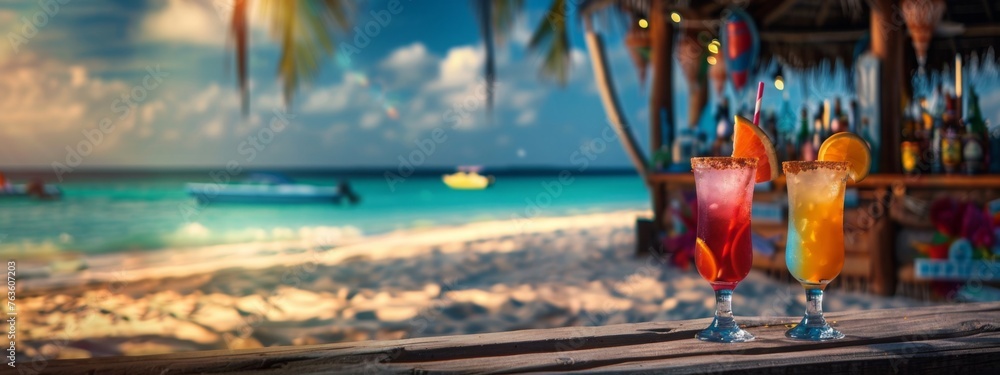 Cocktails at a beach bar at tropical resort. Colorful drinks in the ...