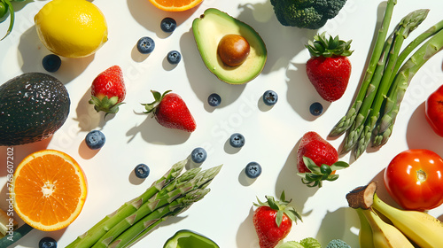 Vibrant Fresh Fruits and Vegetables Displayed on White Surface - A Representation of Healthy and Nutritious Food Choices