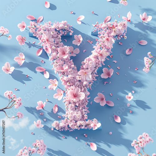Letter Y. Light fresh floral spring composition in sakura petals in beige and pink tones on blue, arrival of spring dynamic greens and sakura, attention to detail product, bokeh and particles