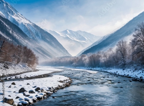 A mountain stream, partly frozen, winds through snow. Mist rises delicately in the crisp morning air.