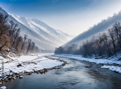 Winter landscape of a mountain river that flows through the snow