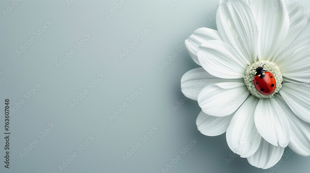 A light blue background with a solitary white flower, gently hosting a ladybug as it explores the delicate petals. With ample space for text, this minimalist design exudes simplicity and elegance, per - obrazy, fototapety, plakaty 