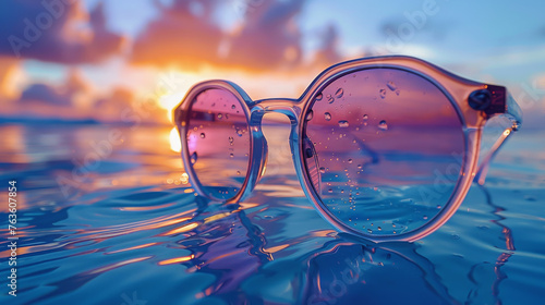 Clear Eyeglasses On Reflective Water With Sunset In Background