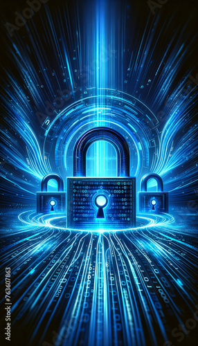 Abstract cybersecurity visualization with glowing digital lock and binary code. Futuristic digital lock and binary waterfall in a virtual cybersecurity interface.