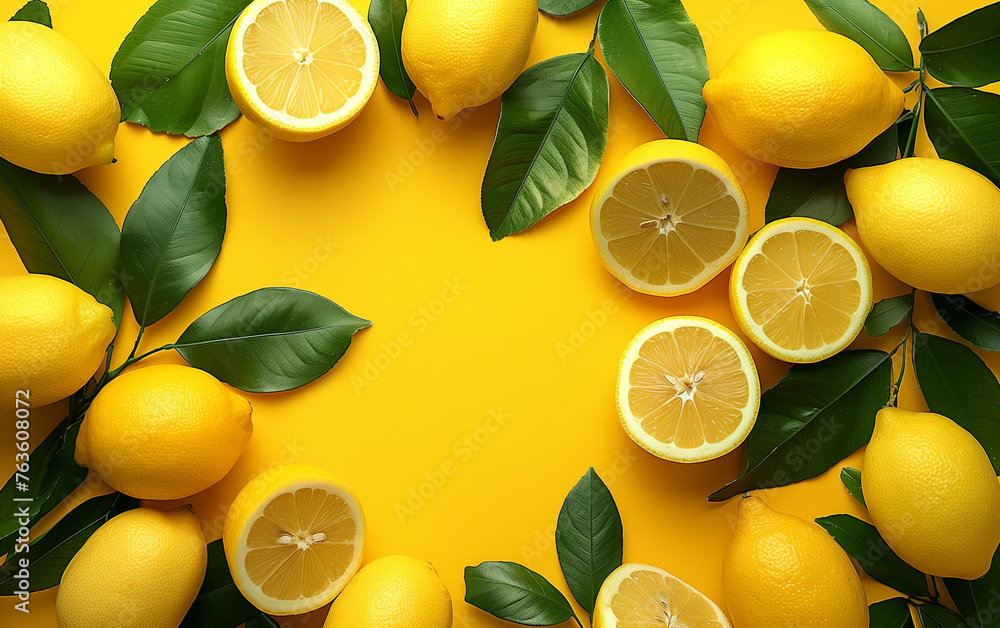 Ripe lemons and green leaves: a vibrant citrus display against a sunny yellow backdrop, embodying the essence of summer freshness and minimalistic creativity Ripe lemons and green leaves: a vibrant citrus display against a sunny yellow backdrop, embodying the essence of summer freshness and minimalistic creativity