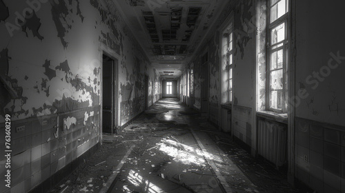 Abandoned Asylum: Photograph the haunting interior of an abandoned asylum or psychiatric hospital, with empty hallways, decaying furnishings, and peeling wallpaper. Generative AI photo