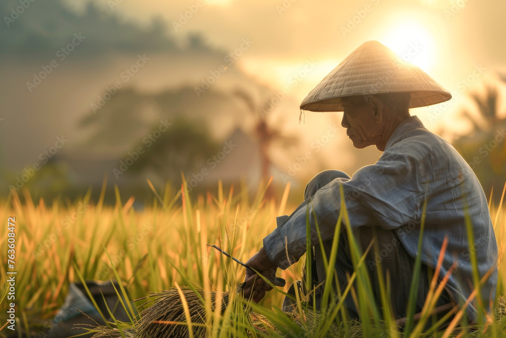 Vietnamese farmer working on a rice field in the early morning
Vietnamese farmer working on a rice field in the early morning