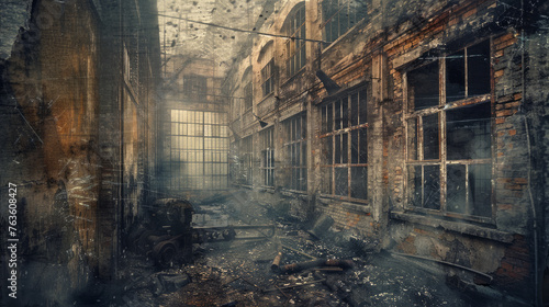 Abandoned Factory: Photograph an old industrial building with broken windows, crumbling brick walls, and rusted machinery scattered around. Generative AI photo