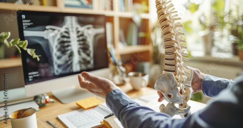 Close-up of male doctor showing skeleton model while sitting at desk in office
 photo