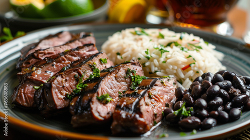 Sliced picanha with rice and black beans on a plate