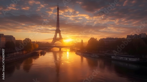 Eiffel Tower and Seine River at sunrise, Paris, France