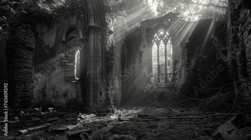 Forgotten Church: Photograph an abandoned church or chapel with weathered stone walls, broken stained glass windows, and ivy creeping up the facade. Generative AI photo