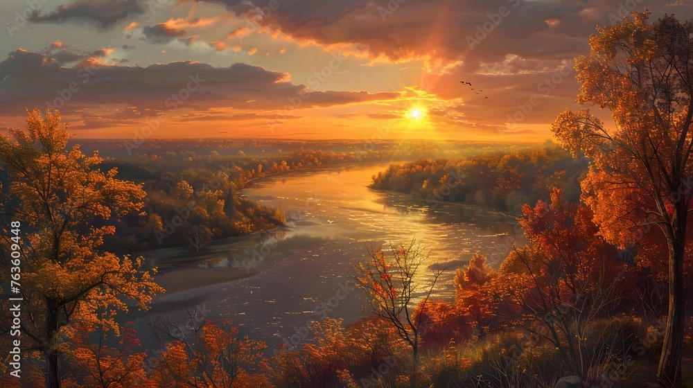 fall sunset above river
