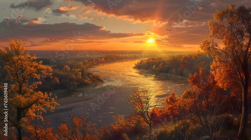 fall sunset above river
 photo