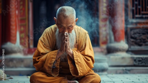 An elderly monk in orange robes meditates peacefully at a serene temple. The atmosphere is mystical with incense smoke. The monks calm demeanor and focused expression exude inner peace. photo
