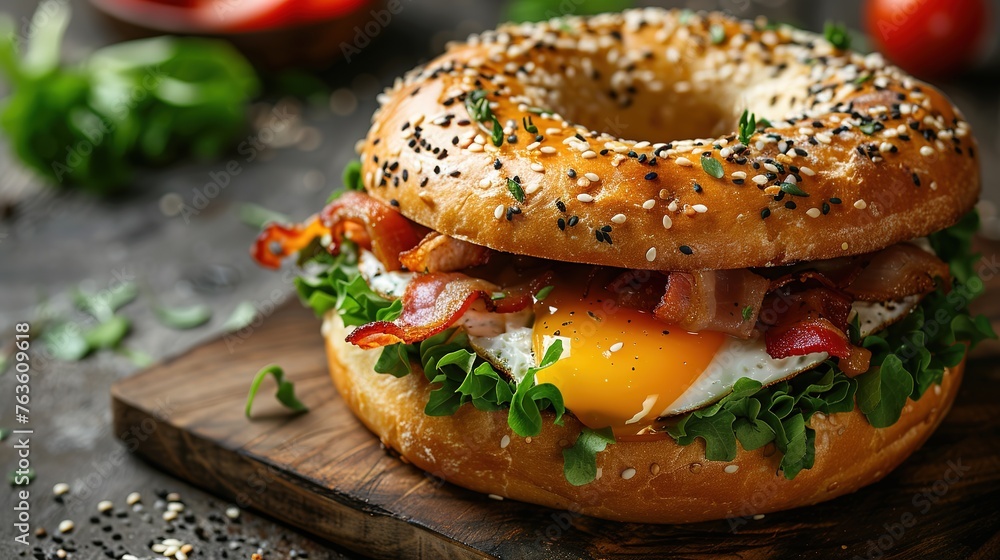 Hearty Breakfast Sandwich on a Bagel with Egg Bacon and Cheese Hearty Breakfast Sandwich on a Bagel with Egg Bacon and Cheese