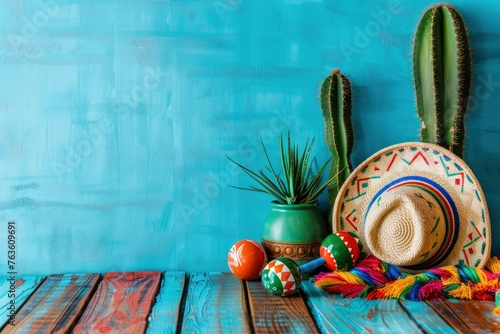 Mexican party concept with cactus, maracas and sombrero hat on wooden table over blue background. Cinco de Mayo holiday celebration and copy space - generative ai