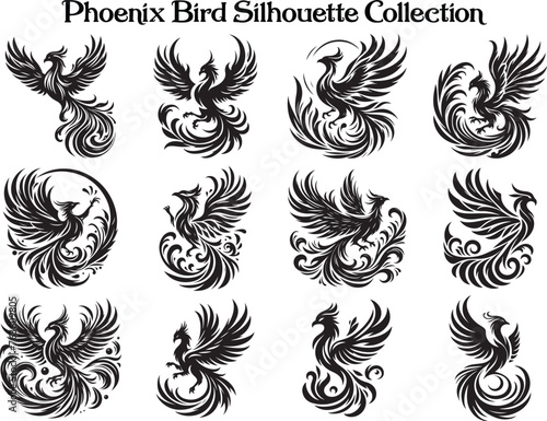 Mythical Bird Phoenix Silhouette Vector Illustration Set