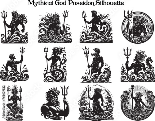 Greek Mythic Sea God Poseidon Silhouette Vector Illustration Set