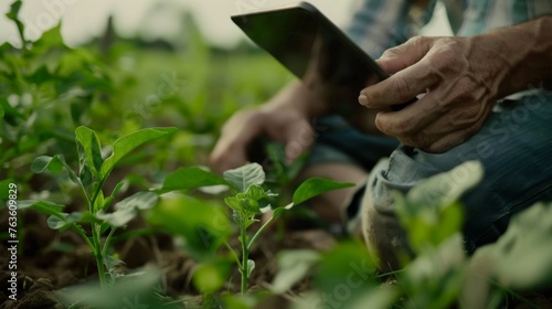 Agricultural expert inspecting soil quality in a green field with a digital tablet. Dressed casually with a hat, seen from a low angle, plants appear larger than life.