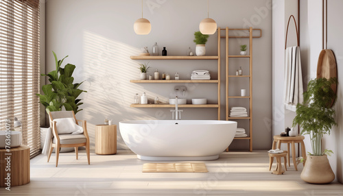 bathroom with large tub centerpiece in Japandi Style