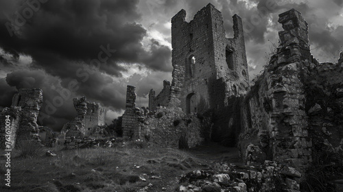 Ruin of a Castle: Photograph the remnants of a medieval castle or fortress, with crumbling walls, moss-covered stones, and empty battlements. Generative AI