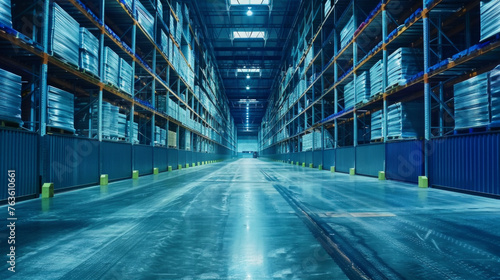 A large warehouse with a blue ceiling and blue walls