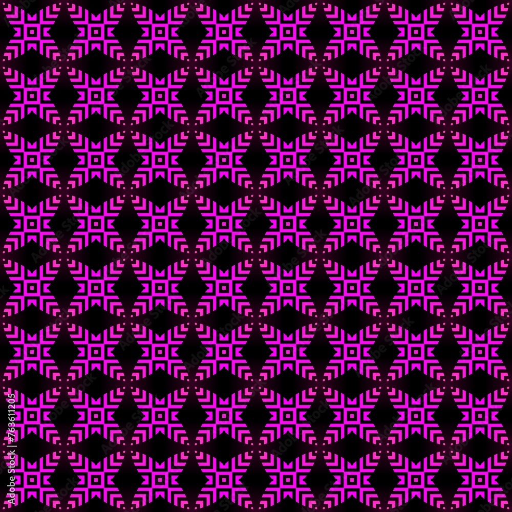 Abstract geometric repeating pattern, optical illusion, pink stars and circles on black