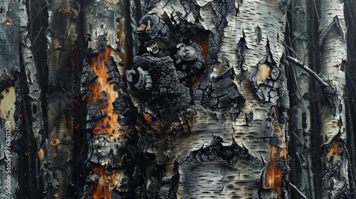 burnt birch bark - frightening picture shows the destruction of the tree photo