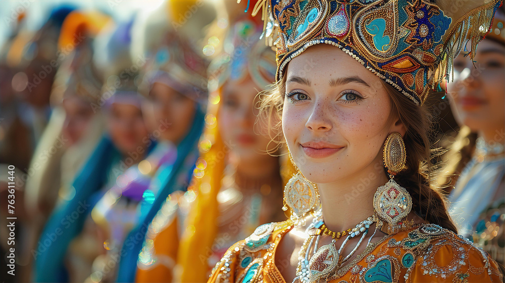 Kazakhs young women wearing national costume during on traditional horse gallop ceremony