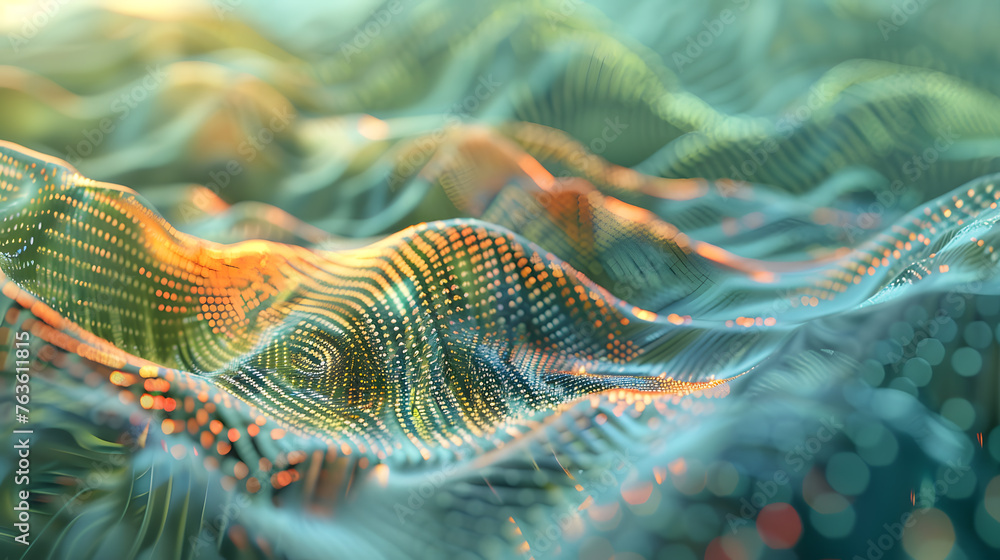 A 3D rendering of a data visualization, with details of the complex data sets, the flowing patterns, and the interactive elements. A 3D rendering of a data visualization, with details of the complex data sets, the flowing patterns, and the interactive elements.
