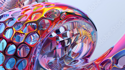 A 3D rendering of a complex geometric shape, with details of the shape's intricate patterns, the vibrant colors, and the reflective surfaces.
