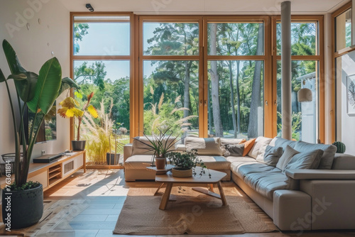 A living room with a large window and a potted plant