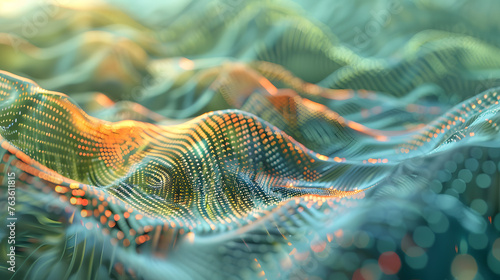 A 3D rendering of a data visualization, with details of the complex data sets, the flowing patterns, and the interactive elements.