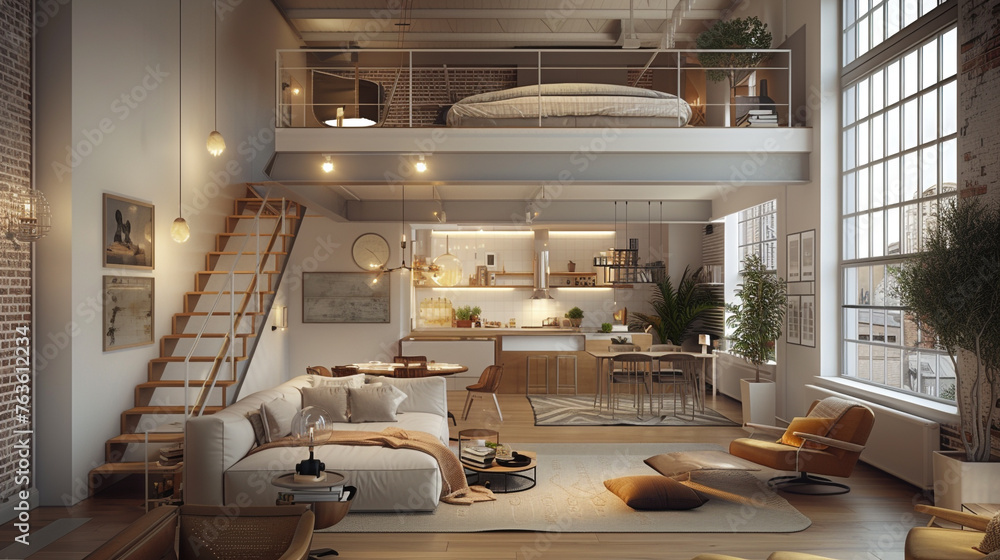 Scandinavian loft with a mezzanine bedroom, overlooking a spacious living area, maximizing space and light. 3D rendering. - obrazy, fototapety, plakaty 