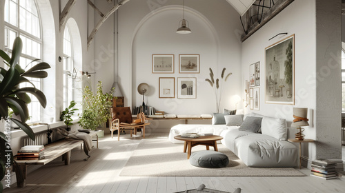 Scandinavian loft featuring a fusion of vintage and modern elements, creating a unique and personal living space. 3D rendering. © Guro