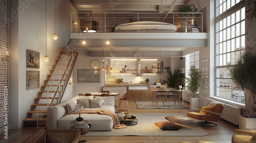 Scandinavian loft with a mezzanine bedroom, overlooking a spacious living area, maximizing space and light. 3D rendering. photo