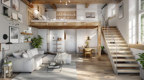 Scandinavian loft with a mezzanine bedroom, overlooking a spacious living area, maximizing space and light. 3D rendering. photo