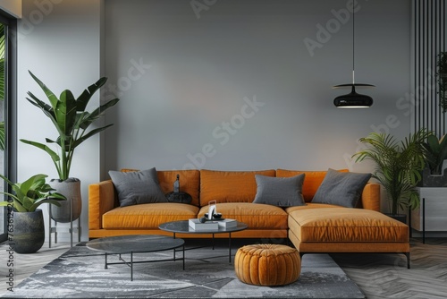 Generative AI - Fictional minimalist modern living room with ample wall space above sofa for custom artwork mockups.