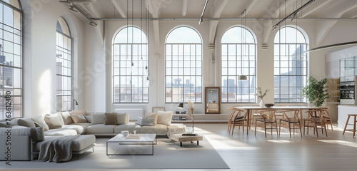 Spacious Scandinavian loft apartment with high ceilings, large windows, and minimalist decor. 3D rendering.