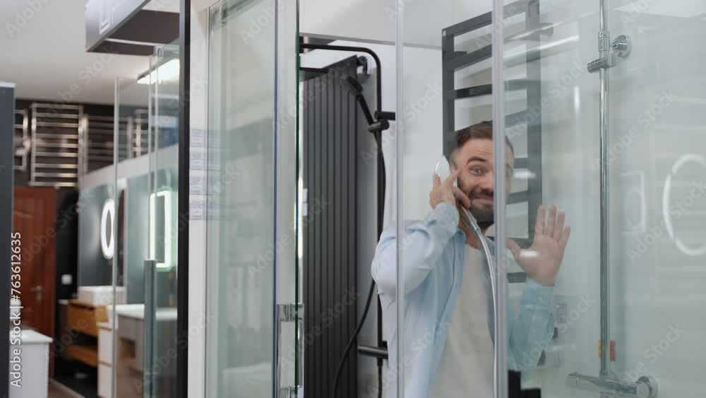 Funny Man Customer Dancing In Shower At Store Funny Man Customer Dancing In Shower At Store