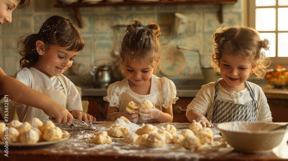 Children helping to bake Zeppole, a sweet treat for Saint Joseph's Day, in a cozy family kitchen setting.