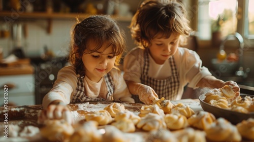 Children helping to bake Zeppole, a sweet treat for Saint Joseph's Day, in a cozy family kitchen setting.