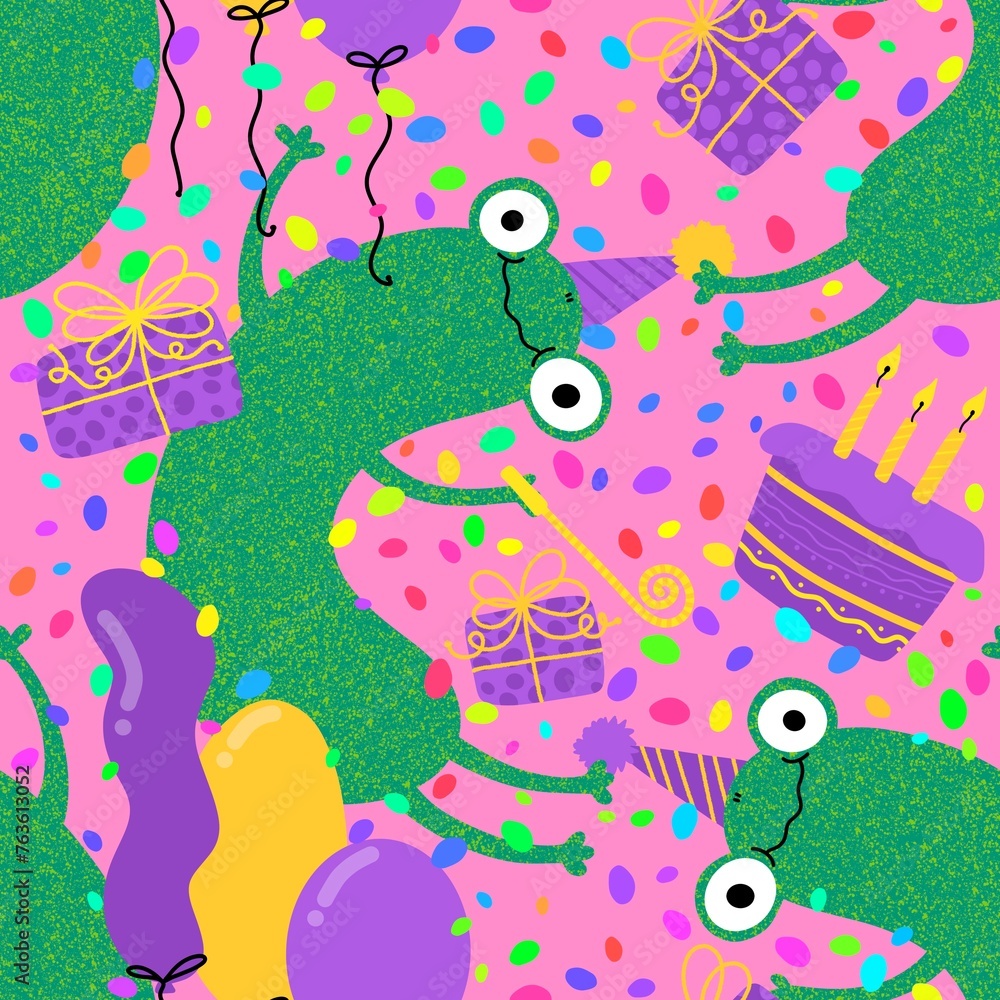 Fototapeta premium Cartoon animals birthday seamless frogs pattern for wrapping paper and fabrics and kids print and party accessories