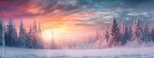 The fir tree forest is covered with snow in the winter season, shining on the light of the morning glow in beautiful sunrise sky and clouds. landscape concept suitable for nature and season.