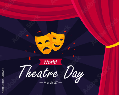 world theatre day with curtain and mask on it